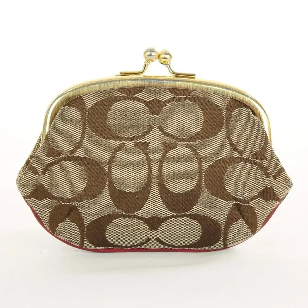 Coach Vintage Y2K Nora Khaki Brown Signature Jacquard Kiss Lock Coin Wallet - Picture 2 of 7